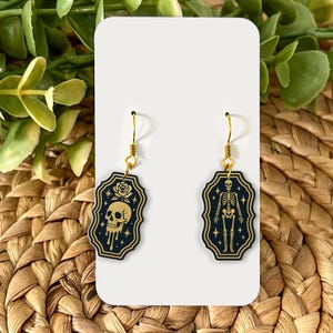 Halloween Skeleton Skull Rose Earrings, Gothic Spooky Dripping Skull Jewelry, Dark Aesthetic Coffin Shape Earrings, Creepy Cute Gift