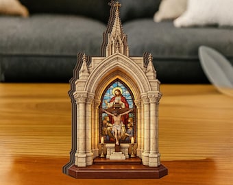 Mini chapelle d'église en bois, décor de crucifix de Jésus, présentoir chrétien en bois de cathédrale gothique