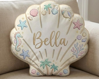 Personalized Seashell Pillow: Beach Theme Print, Plush Fabric, Coastal Room Decor
