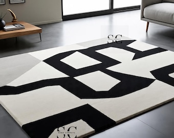 Handgetufteter Wollteppich - Abstraktes Schwarz-Weißes Design, Minimalistischer Teppich