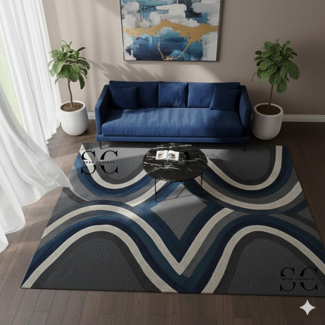 Hand Tufted Abstract Carpet | Blue Curve Pattern Rug | Modern Living ...