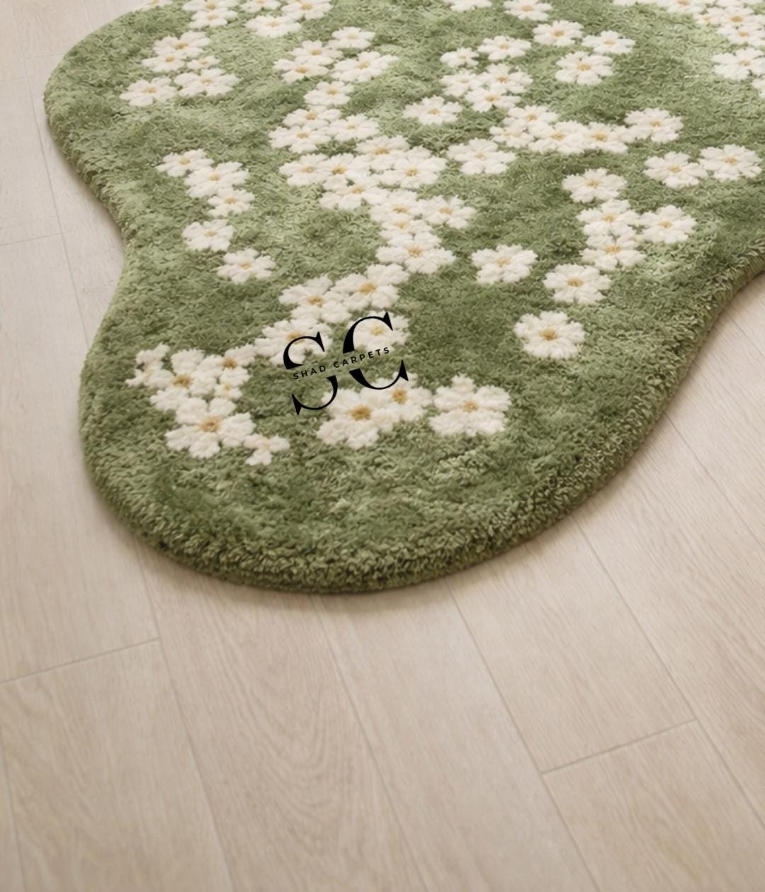 Hand Tufted Wool Area Rug – Green Daisy Floral Carpet - Etsy