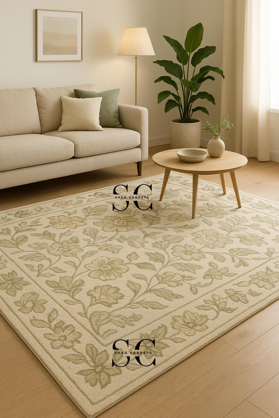 Hand-tufted Wool Rug – Beige & Green Floral, Modern Elegant Carpet - Etsy