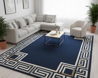 Alfombra geométrica azul marino tejida a mano - Lujosa artesanía moderna