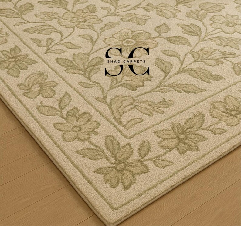Hand-tufted Wool Rug – Beige & Green Floral, Modern Elegant Carpet - Etsy