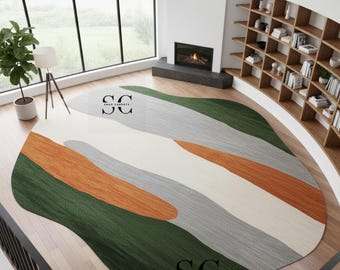 Hand Tufted Wool Rug, Abstract Organic Shape Carpet, Modern Green Orange Living Room