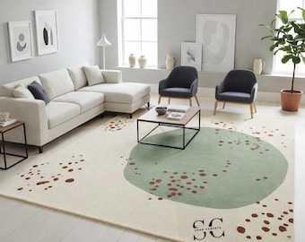 Hand-Tufted Wool Abstract Area Rug, Cream Sage Green Living Room Carpet