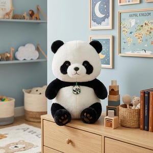 May include: A plush panda toy with black and white fur, featuring black patches around the eyes, ears, and limbs. The panda has a small green tag around its neck with a panda illustration and sits in a seated position with visible paw pads.