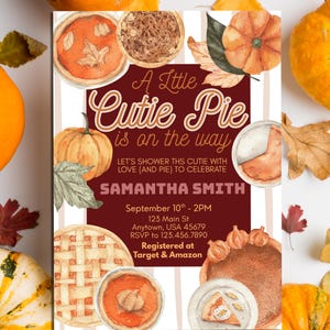 A Little Cutie Pie Baby Shower Invitation – Editable Canva Template, Fall Baby Shower, Pie & Pumpkin Theme, Instant Download