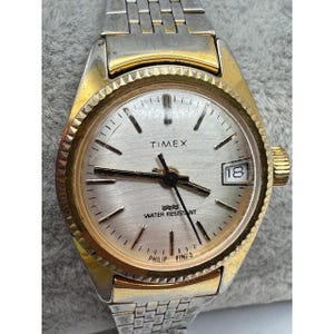 Vintage Ladies Timex Mechanical  Two Tone Water Resistant Date Watch WORKS