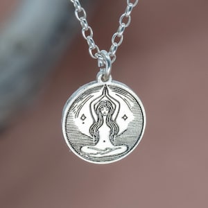 Sterling Silver Meditation Pendant Necklace, Handmade Coin Spiritual Pendant, Mindful Gift for Her, Yoga Inspired Jewelry