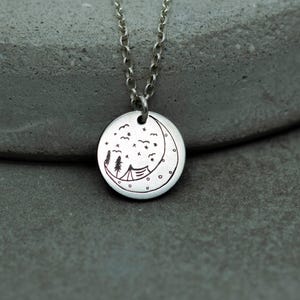 Sterling Silver Camping Necklace, Night Sky Moon Pendant, Nature Jewelry for Outdoor Lovers, Hiking and Adventure Gift