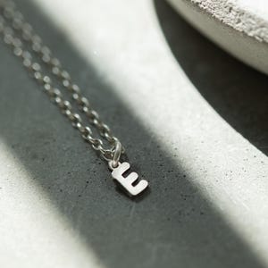 May include: A silver-colored necklace with a small letter "E" pendant. The chain is delicate and the pendant is a simple, block-style letter. The necklace is displayed on a gray surface, with shadows adding depth.