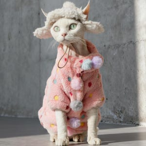Handmade Sphynx Cat Clothes & Sheep Hat Set | Pink Fleece Hairless Cat Pajamas | Cute Cat Costume for Devon Rex