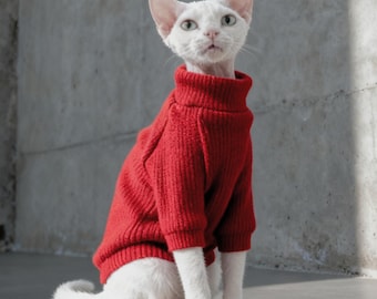 Handgemachte Katzen Pullover für Sphynx Devon Rex Katzen | Warme Winter-Rollkragen-Haustier-Kleidung | Weiches Strick Outfit für Haarlose Katzen