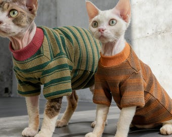 Handgemachte Katzen Pullover für Sphynx Devon Rex | Weiche gemischte Stricken Haarlose Katze Kleidung | Warmes gestreiftes Katzen Outfit