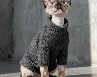 Handgestrickte Katzen Pullover für Devon Rex, Sphynx & Siamese | Warme Winter-Haustierkleidung | Gemütliches Graues Rollkragen Katzen Outfit