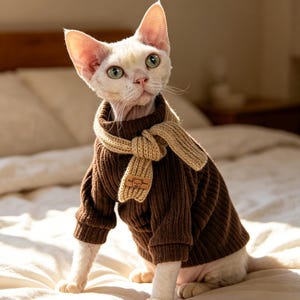 Puede incluir: Un gato sin pelo viste un suéter de punto acanalado color marrón oscuro con una bufanda de punto beige a juego. La bufanda presenta un pequeño parche rectangular de aspecto cuero con un gráfico de oso en relieve. El suéter tiene mangas largas y cuello alto.