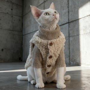 May include: A white cat wearing a beige sweater with a high collar and a fluffy, button-up vest. The cat is sitting on a concrete floor, looking upwards. The sweater has a ribbed texture, and the vest has a soft, fuzzy appearance.
