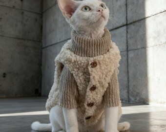 Handgefertigter Katzen Pullover und Fleece Weste Set, Warme Winter Strickwaren für haarlose Katzen, Devon Rex Kleidung, Gemütliches Haustier Outfit, Weihnachts Geschenkidee