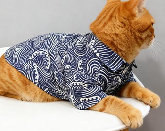 Camisa para gatos hecha a mano: ropa para mascotas con estampado de olas, atuendo elegante para gatos, ropa de verano para gatos y perros pequeños.