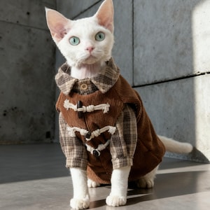 May include: A white Devon Rex cat wearing a brown corduroy coat with toggle closures and a plaid shirt underneath. The cat has striking blue-green eyes and is posed against a gray concrete wall.
