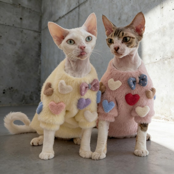 Handmade Sphynx Cat Sweater, Cute Heart Fleece Cat Clothes, Hairless Cat Outfit, Warm Winter Pet Clothing Gift