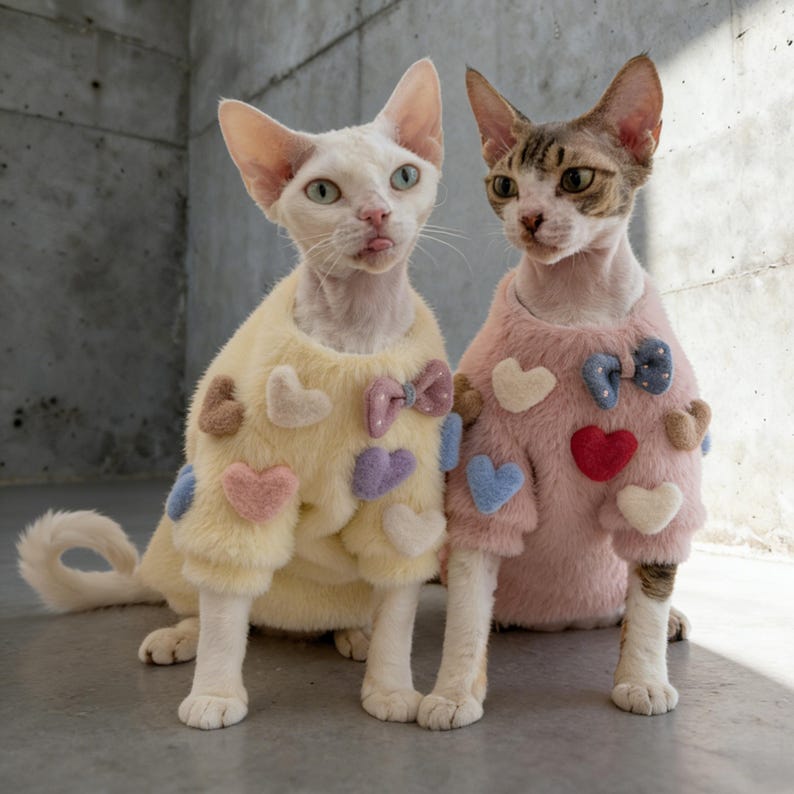 K&ouml;nnte beinhalten: Zwei Sphynx-Katzen tragen passende Pullover. Eine Katze tr&auml;gt einen gelben Pullover mit Herz- und Schleifenakzenten, die andere einen rosa Pullover mit &auml;hnlichen Details. Die Katzen sitzen vor einer grauen Betonmauer.