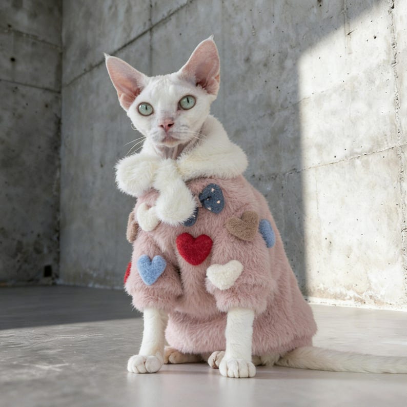 K&ouml;nnte beinhalten: Eine wei&szlig;e Sphynx-Katze tr&auml;gt einen rosa Kunstfellmantel, der mit herzf&ouml;rmigen Applikationen in Rot, Blau und Creme verziert ist. Der Mantel hat einen wei&szlig;en Kragen und eine Schleife. Die Katze sitzt auf einer grauen Oberfl&auml;che.