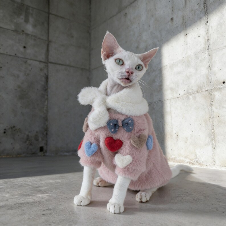 K&ouml;nnte beinhalten: Eine wei&szlig;e Katze tr&auml;gt einen rosa Mantel mit Herz- und Schleifenakzenten. Der Mantel hat einen wei&szlig;en Kunstfellkragen und ist mit blauen, roten und wei&szlig;en herzf&ouml;rmigen Applikationen verziert. Die Katze sitzt vor einer grauen Betonwand.
