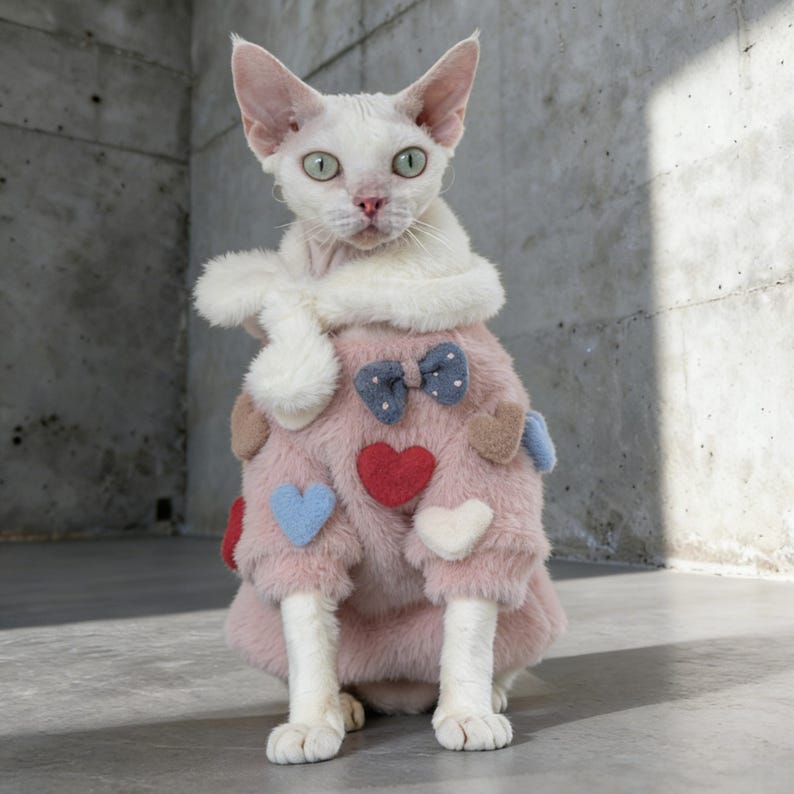 K&ouml;nnte beinhalten: Eine wei&szlig;e Sphynx-Katze tr&auml;gt einen rosa, flauschigen Mantel, der mit herz- und schleifenf&ouml;rmigen Applikationen verziert ist. Der Mantel hat einen wei&szlig;en Kragen und eine Schleife. Die Katze sitzt auf einer Betonoberfl&auml;che.