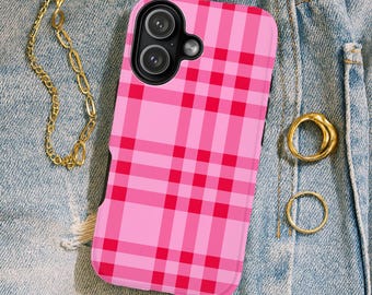 Valentine Phone Case, Mag Safe iPhone 17 Pro Max Phone Case Pink Plaid Valentines Case Gift for Girlfriend