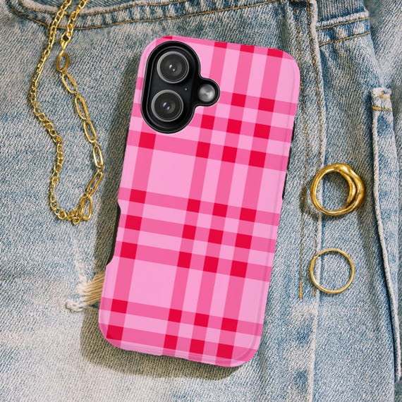 Valentine Phone Case, Mag Safe iPhone 17 Pro Max Phone Case Pink Plaid Valentines Case Gift for Girlfriend