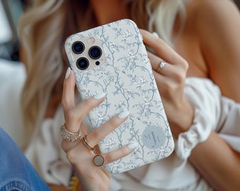 Blue Hydrangea Initial Phone Case Coastal Preppy Floral iPhone 16 15 14 13 12 11 Pro Max Plus Samsung Galaxy S25 S24 Google Pixel 9 8 7