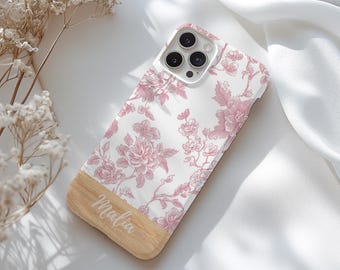 Pink Toile de Jouy Custom Name Phone Case, Initial Phone Case, Pink Floral Phone Case, Chinoiserie Pattern, French Toile, Vintage Floral