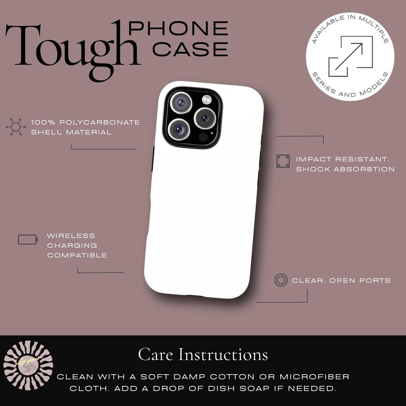 May include: A white phone case with a black camera module. The case is labeled "Tough Phone Case" and features icons indicating wireless charging compatibility, impact resistance, and clear open ports. The case is made of 100% polycarbonate shell material.