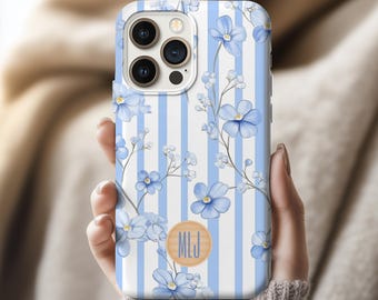 Monogrammed Phone Case, Blue Floral Phone Case, Flower Phone Case, Initial Phone Case for iPhone 17 16 15 14 13 12 11 Pro Max Samsung S25 24