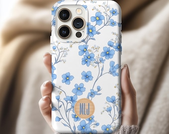 Monogrammed Phone Case, Blue Floral Phone Case, Flower Phone Case, Initial Phone Case for iPhone 17 16 15 14 13 12 11 Pro Max Samsung S25 24