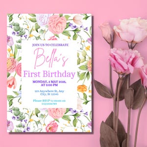Editable Flower Birthday Invitation, Wildflower Birthday invite, Floral Woman&#39;s Birthday Party invite, Instant download Digital Invitation