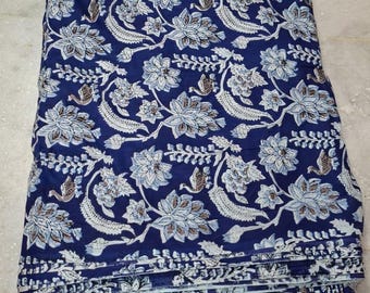 Navy Blue Floral Cotton Fabric Indian Hand Block Print Sanganeri Textile, 44" Wide Soft Sewing Fabric for Dressmaking, Quilting & Home Decor