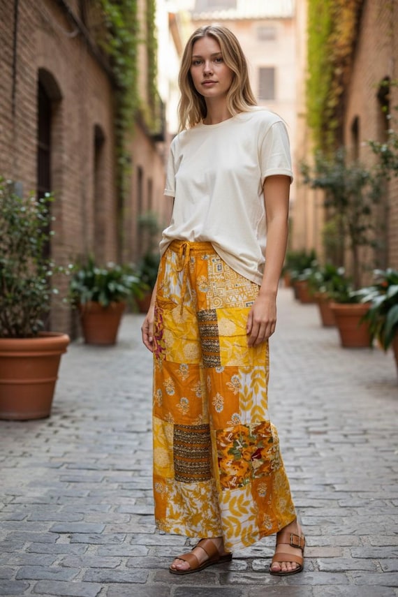 Patchwork Palazzo Pants - Handmade Boho Hippie Wi… - image 4