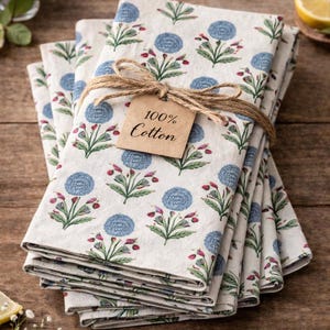 May include: A stack of folded cotton napkins with a floral pattern in blue, green, and pink. The napkins are tied with twine and a tag that reads "100% Cotton".