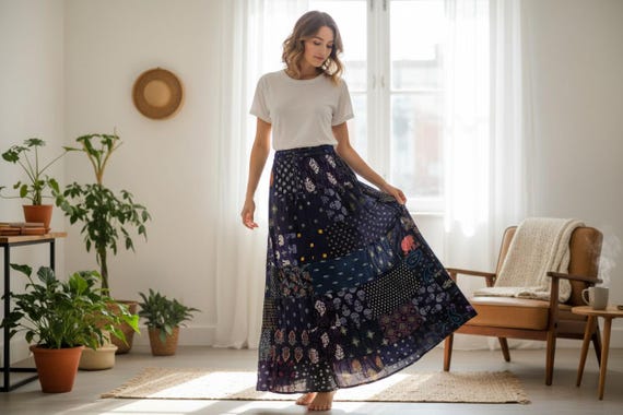 Handmade Rayon Patchwork Maxi Skirt - Bohemian Hi… - image 3