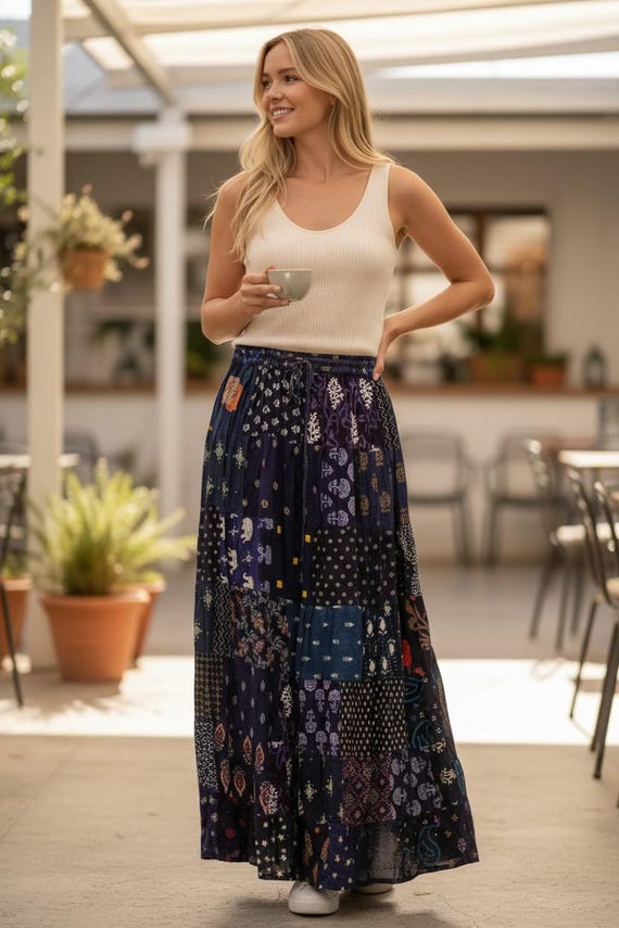 Handmade Rayon Patchwork Maxi Skirt - Bohemian Hi… - image 2