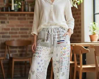 May include: A woman wearing a white long-sleeve shirt with a button-down collar and patchwork pants. The pants feature a variety of colorful patterns. She is wearing brown sandals. The background includes a brick wall, wooden shelves, and hanging plants.