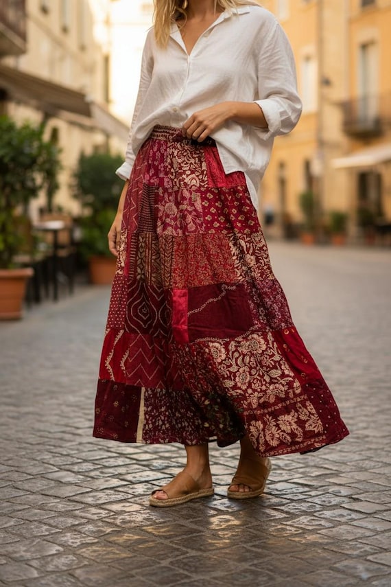 Handmade Patchwork Rayon Maxi Skirt: Bohemian Hip… - image 3