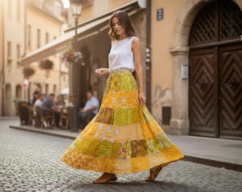 Boho Patchwork Rayon Maxi Skirt for Women, Handmade Festival Long Skirt, Cottagecore Summer Skirt, Elastic Waist Clothing