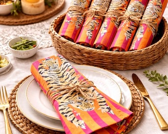 Servilletas de algodón estampadas a mano con animales de la selva, mantelería ecológica reutilizable.