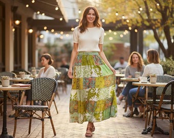 Falda larga estilo boho patchwork para mujer, falda larga de rayón hecha a mano, falda cottagecore para festivales, falda boho de verano con cintura elástica