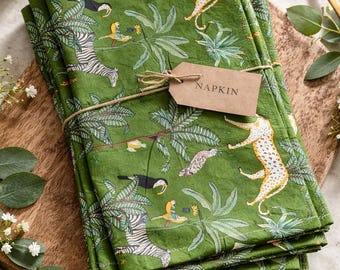 Serwetki bawełniane z nadrukiem ręcznym, zwierzęta z dżungli, wielokrotnego użytku, przyjazne dla środowiska obrusy
